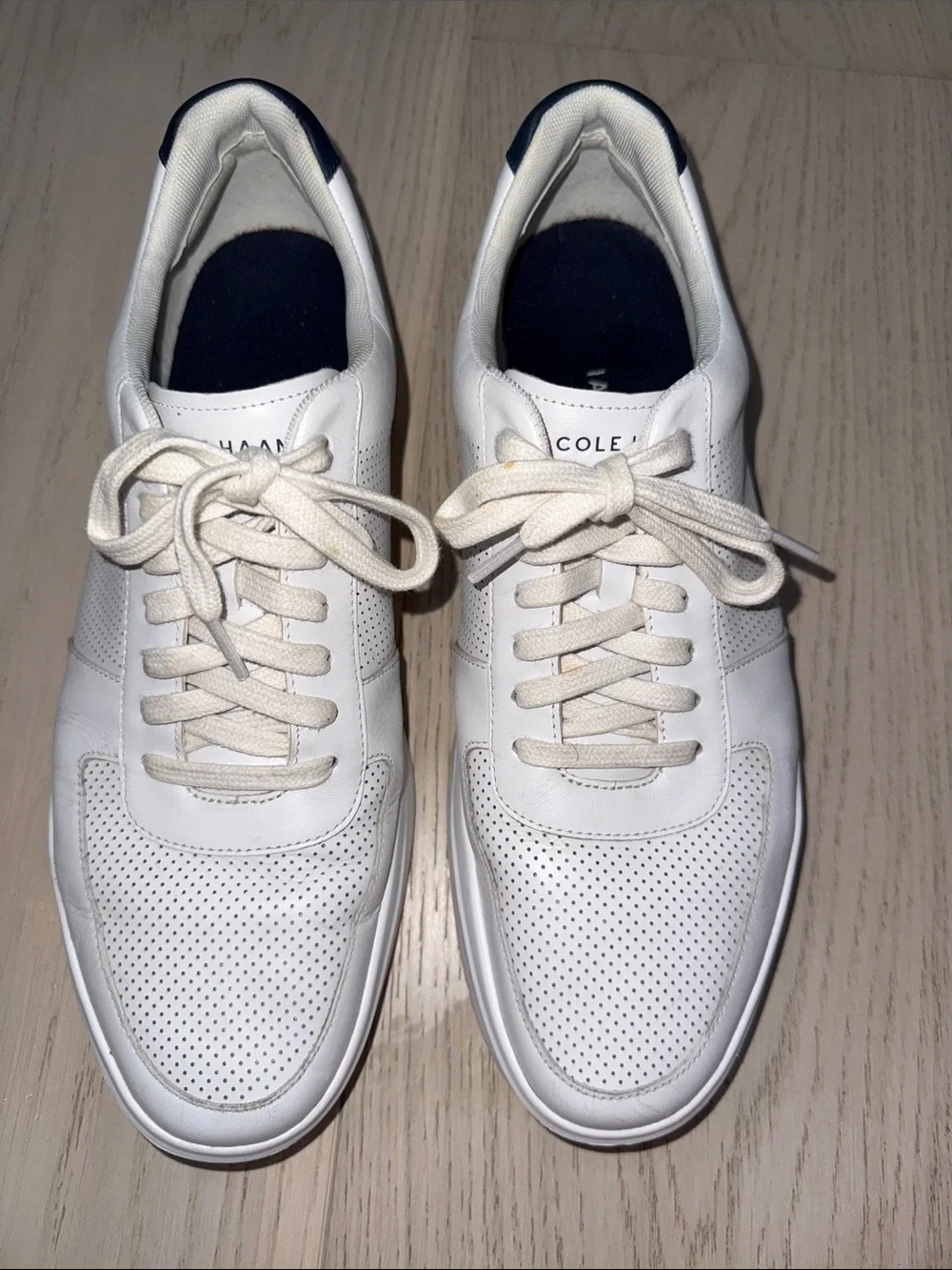 Cole Haan White Leather Perforated Men's Sneakers with Navy Heel Tab